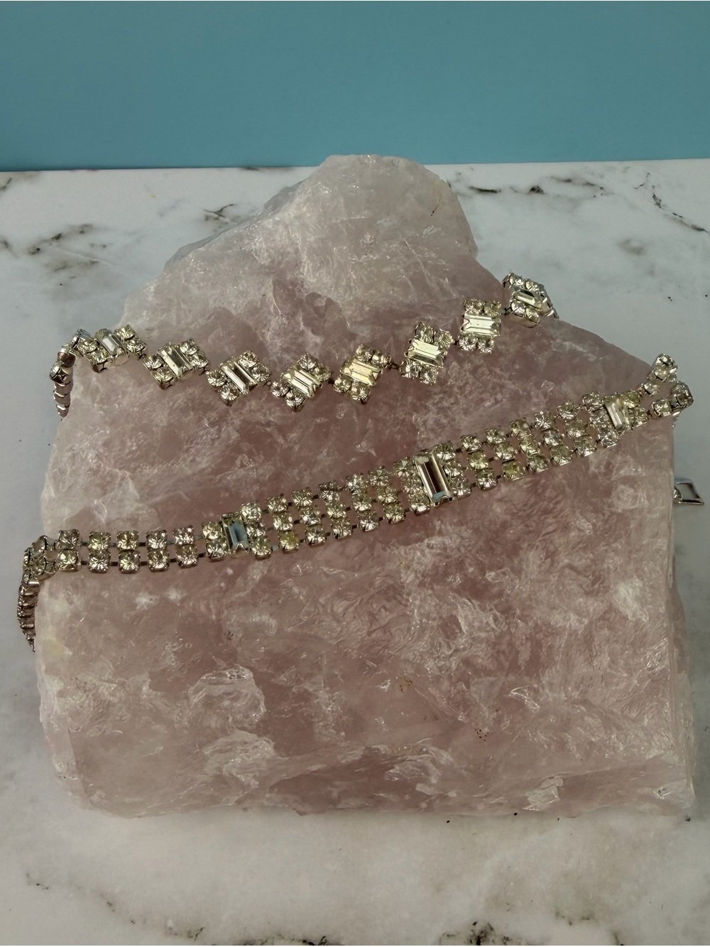 Vintage 1950s Clear Rhinestone Bracelet Lot Geometric Baguette Double Strand